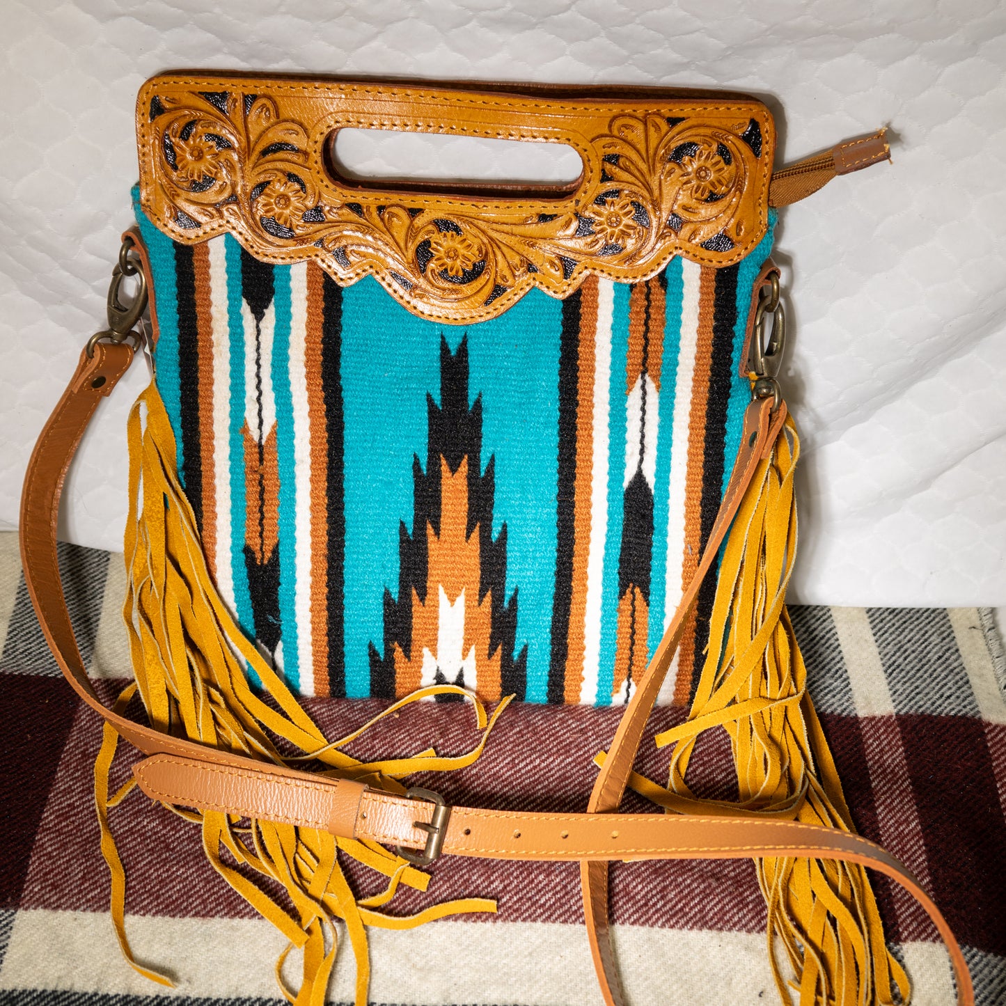 #89 CROSS BODY WOVEN CLOTH BODY WITH PATTERN/ LEATHER TOOLED TOP