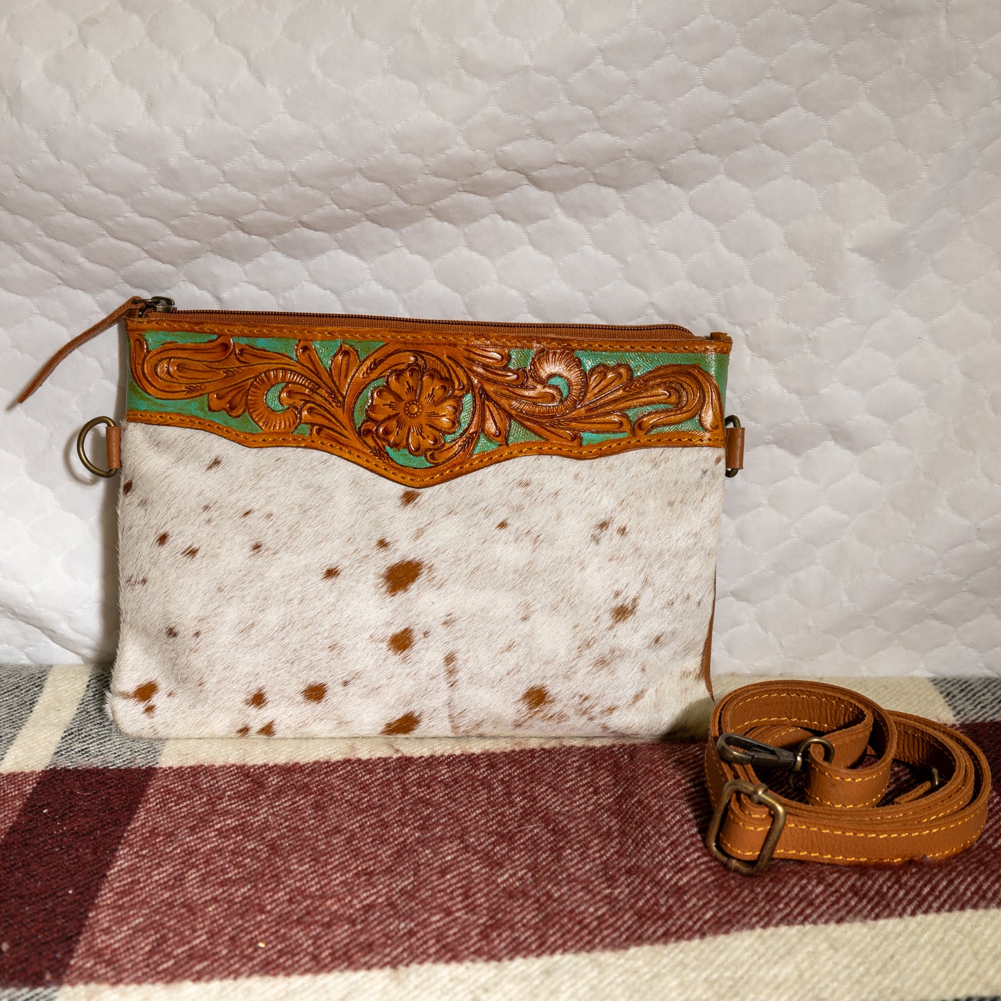 #181 CROSS BODY TOOLED LEATHER TOP/ COWHIDE FRONT/ LEATHER BACK