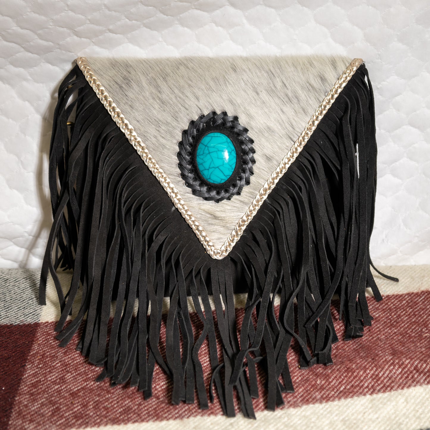 #188 COWHIDE CROSS BODY / V FLAP FRINGED/ LACED FLAP EDGE