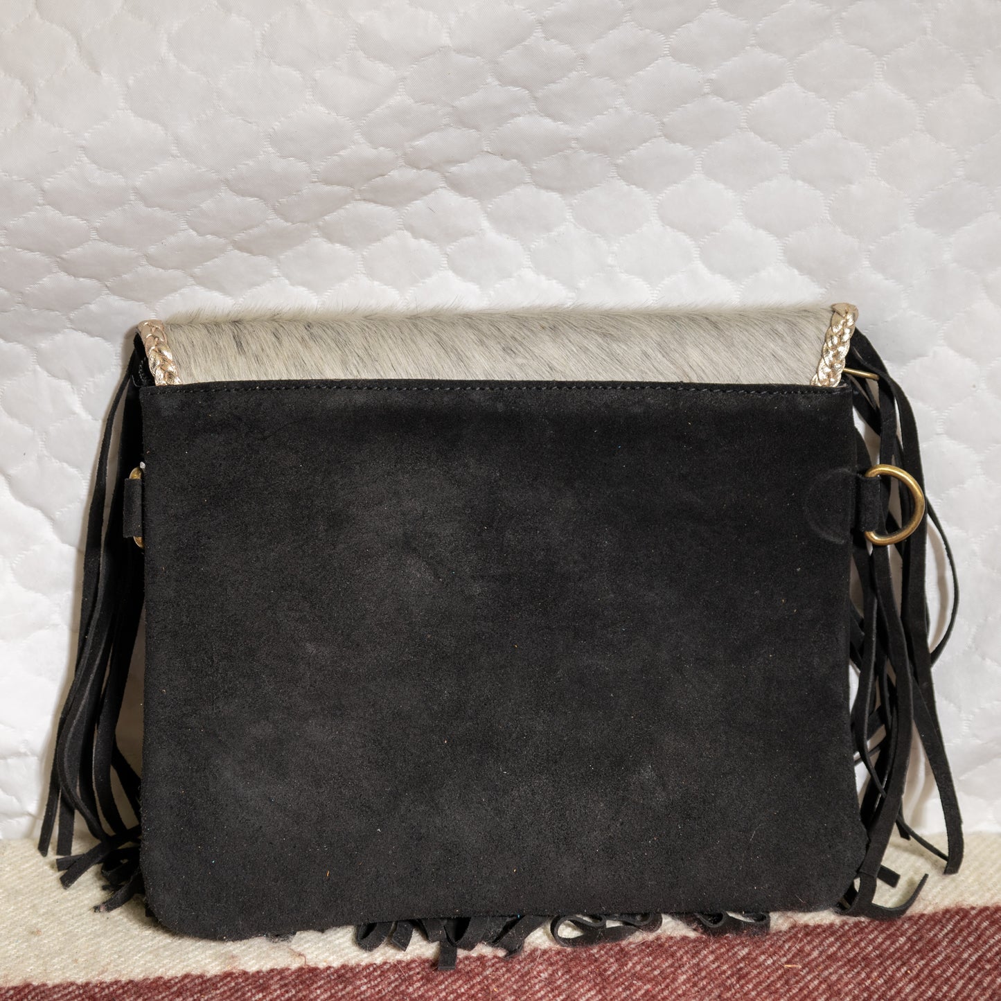 #188 COWHIDE CROSS BODY / V FLAP FRINGED/ LACED FLAP EDGE