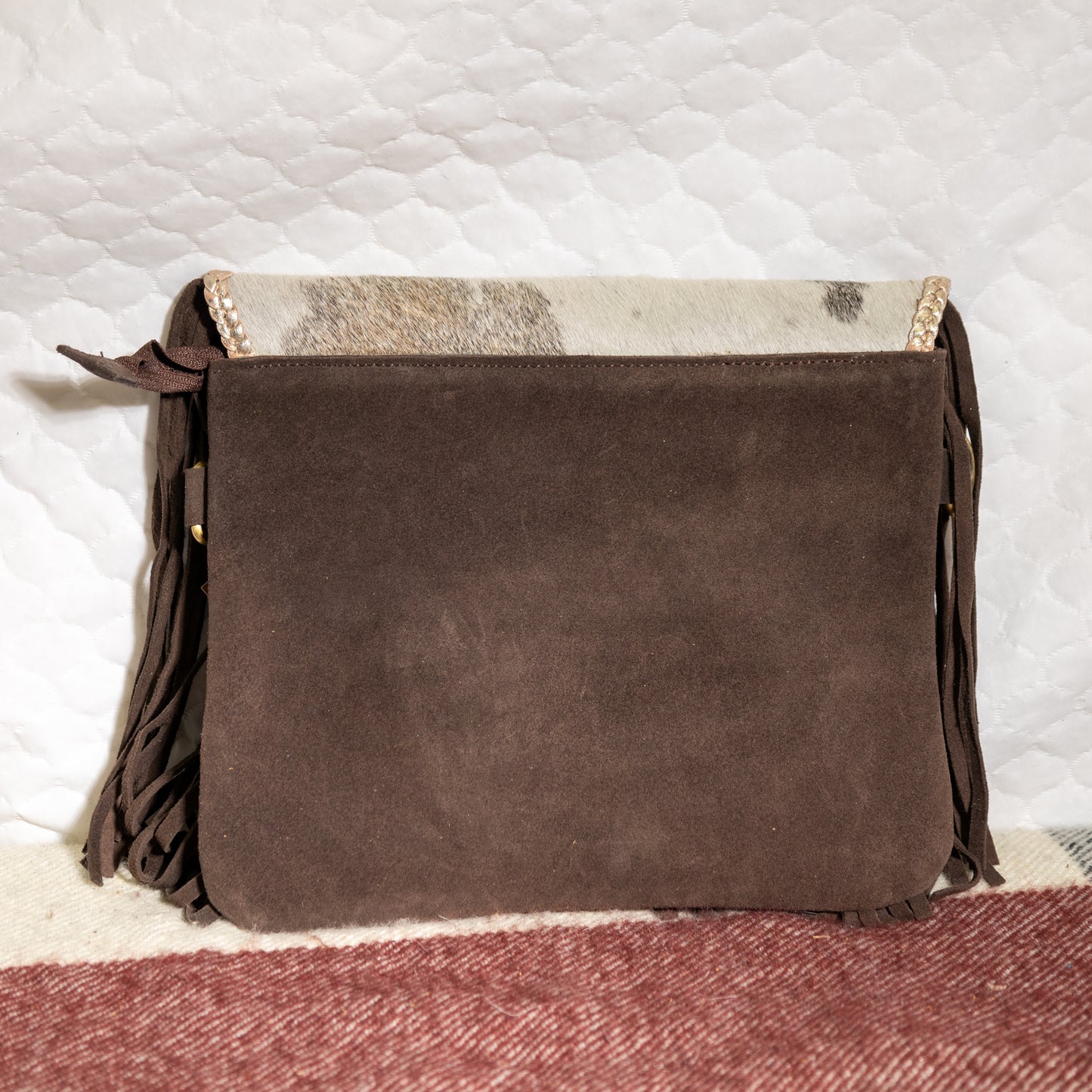 #188 COWHIDE CROSS BODY / V FLAP FRINGED/ LACED FLAP EDGE