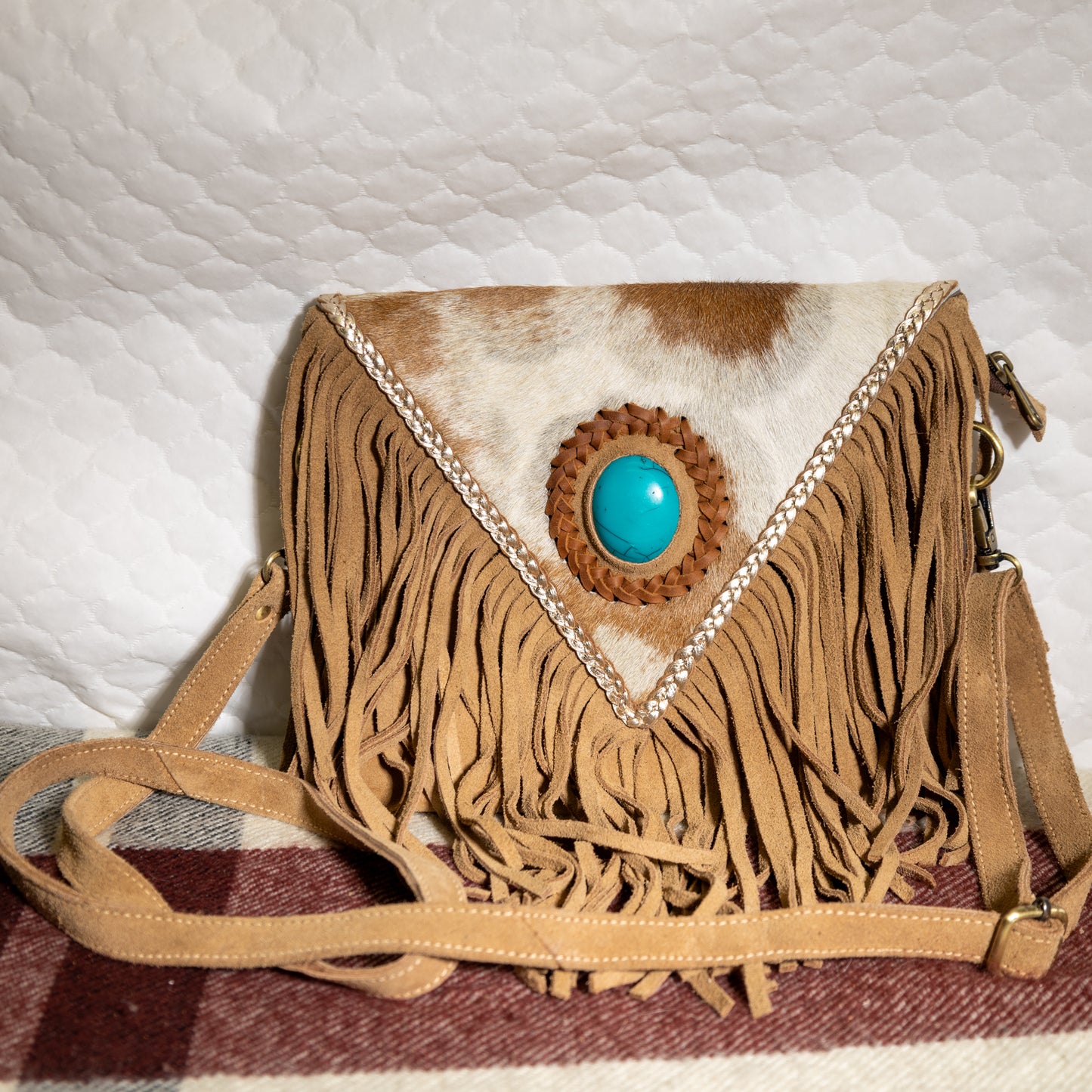 #188 COWHIDE CROSS BODY / V FLAP FRINGED/ LACED FLAP EDGE