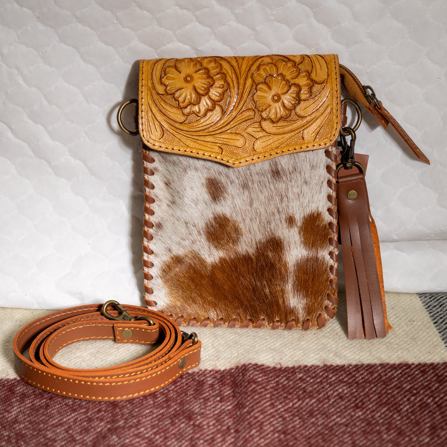 #195 CROSS BODY POUCH/ TOOLED FLAP/ LEATHER BACK/ COWHIDE FRONT