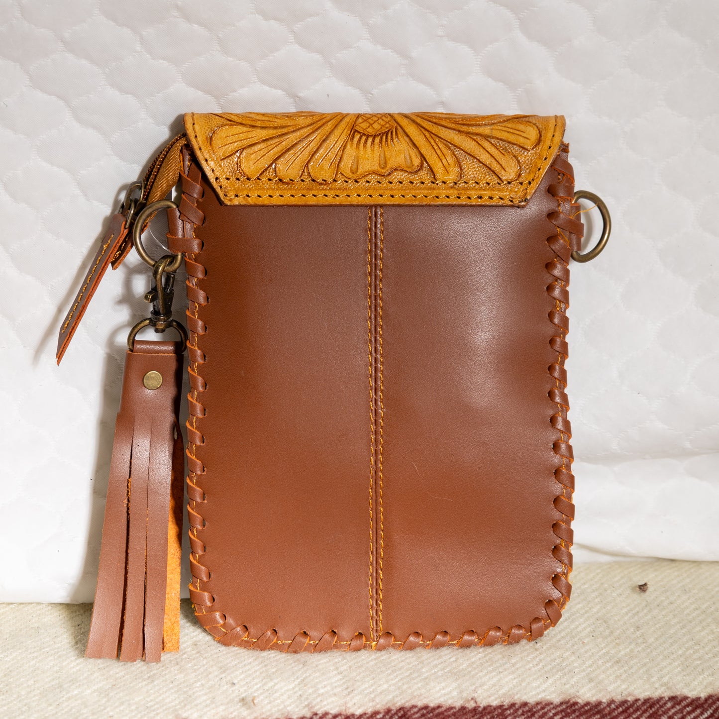 #195 CROSS BODY POUCH/ TOOLED FLAP/ LEATHER BACK/ COWHIDE FRONT