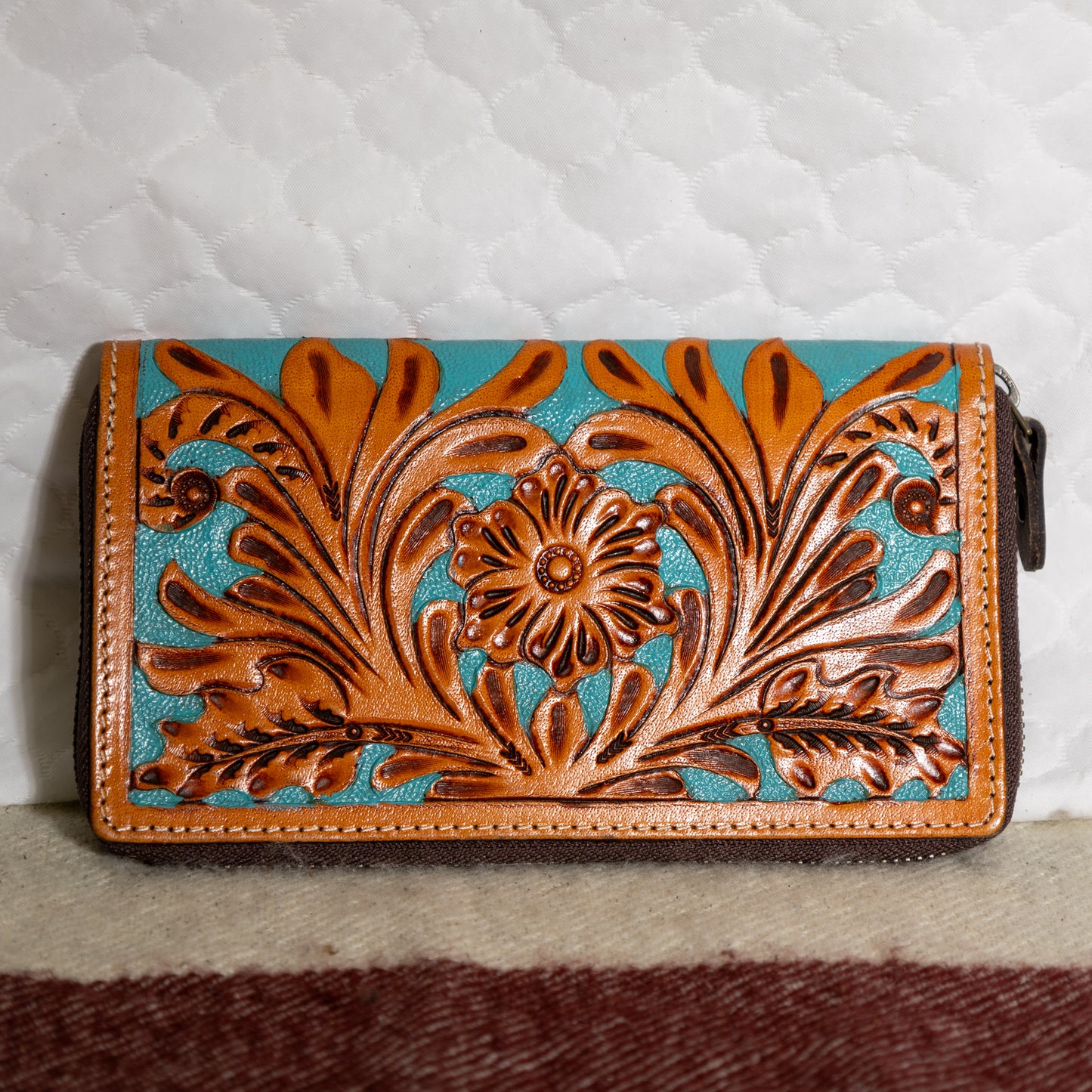 #48 TURQUOISE LEATHER TOOLED WALLET