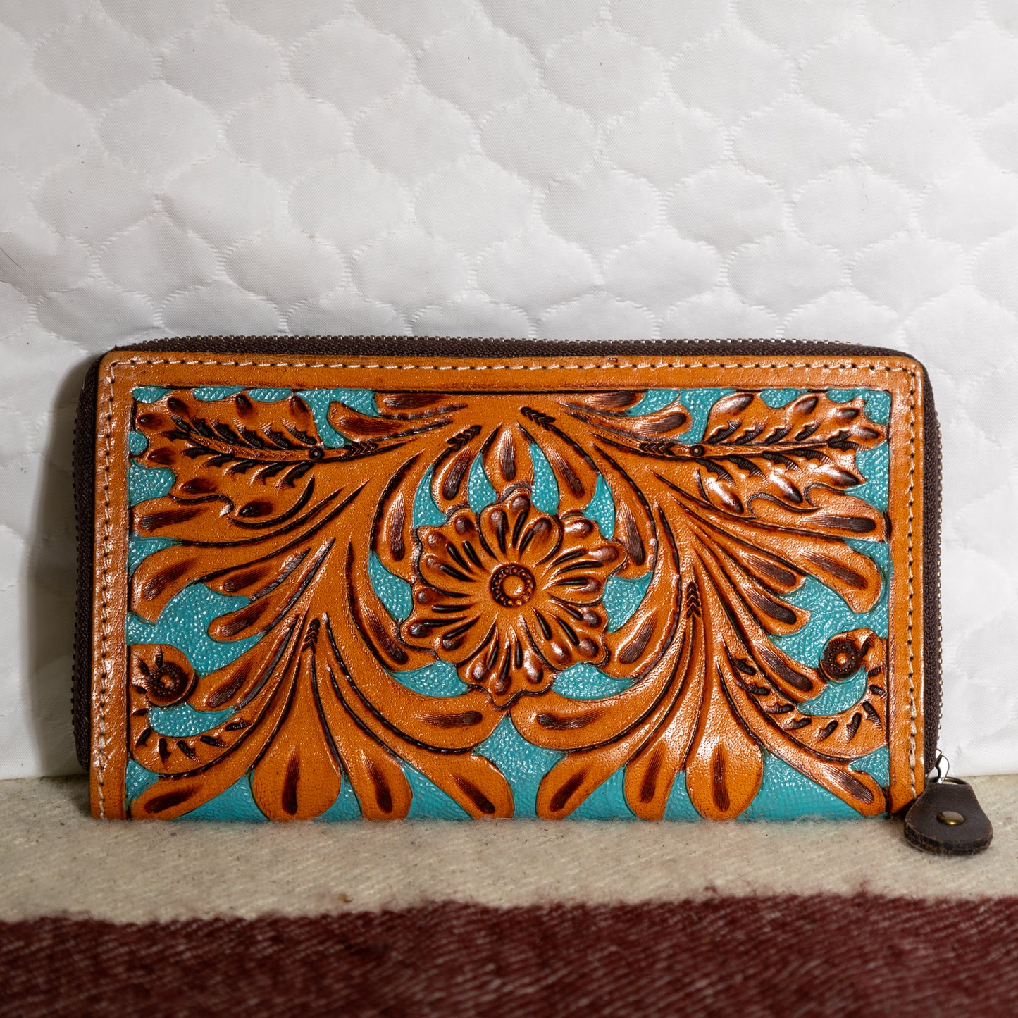 #48 TURQUOISE LEATHER TOOLED WALLET