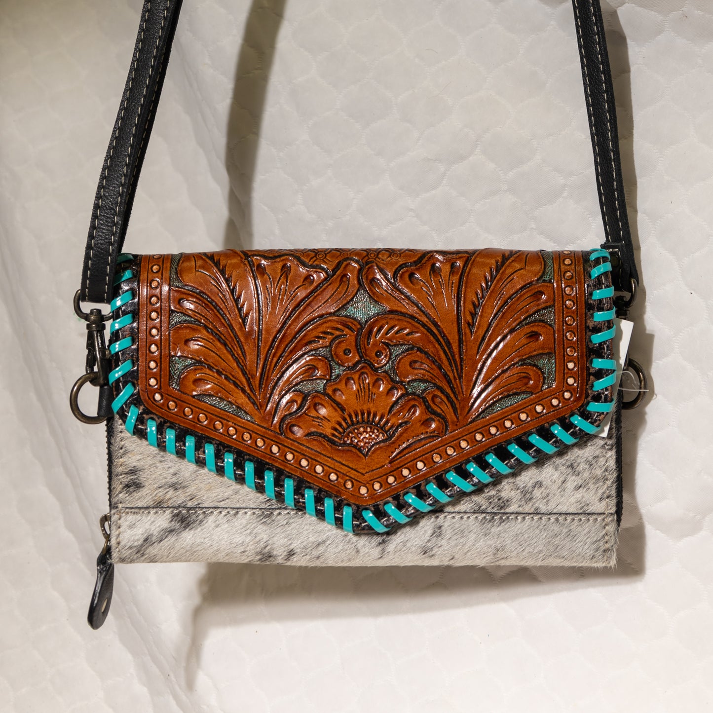 #88 CROSS BODY WALLET STYLE TOOLED FOLDOVER WITH LACED EDGE