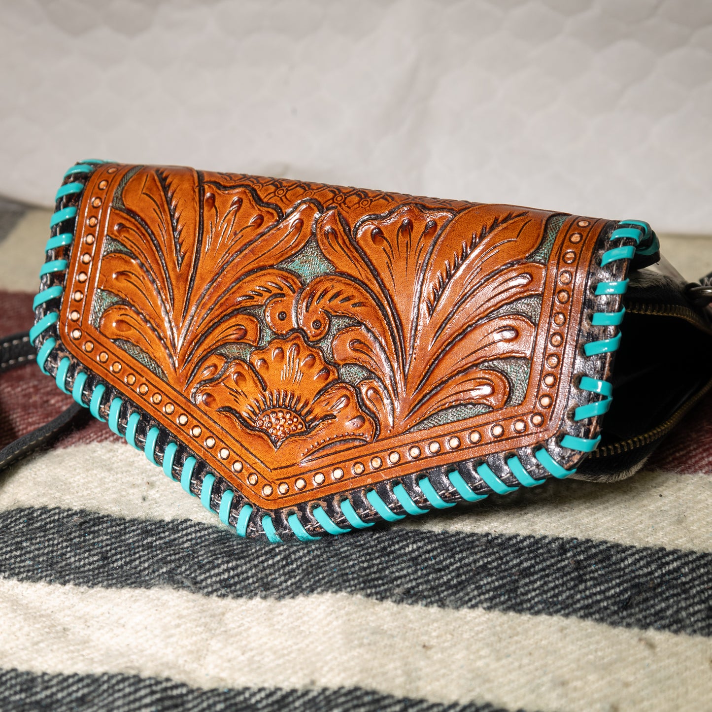 #88 CROSS BODY WALLET STYLE TOOLED FOLDOVER WITH LACED EDGE