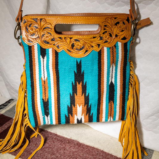 #89 CROSS BODY WOVEN CLOTH BODY WITH PATTERN/ LEATHER TOOLED TOP