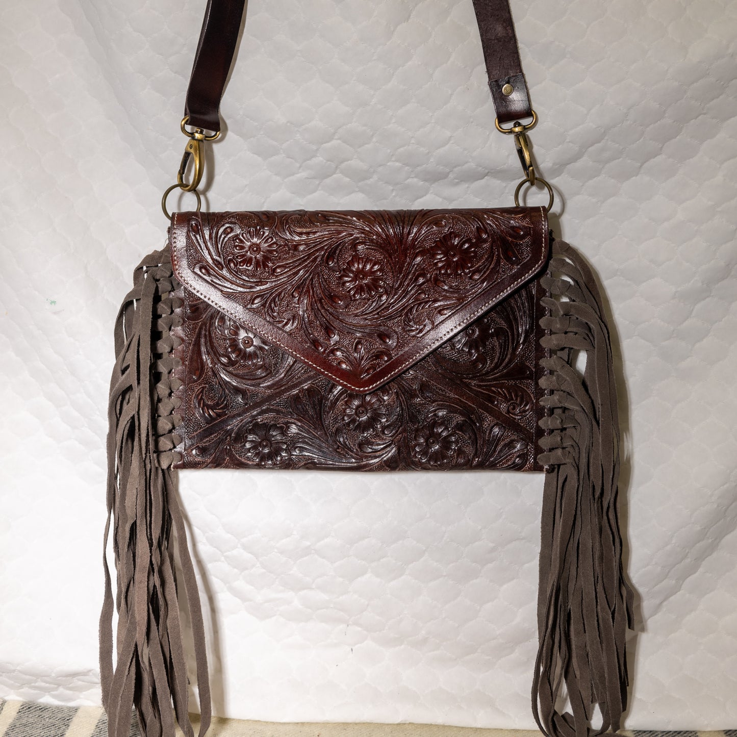 #91 TOOLED LEATHER CROSSBODY WITH FRINGE