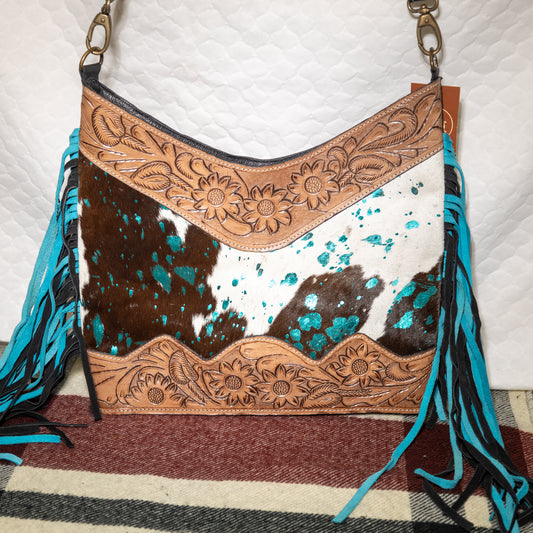 #93 CROSS BODY TOOLED LEATHER TOP AND BOTTOM OVER GLITTER COWHIDE