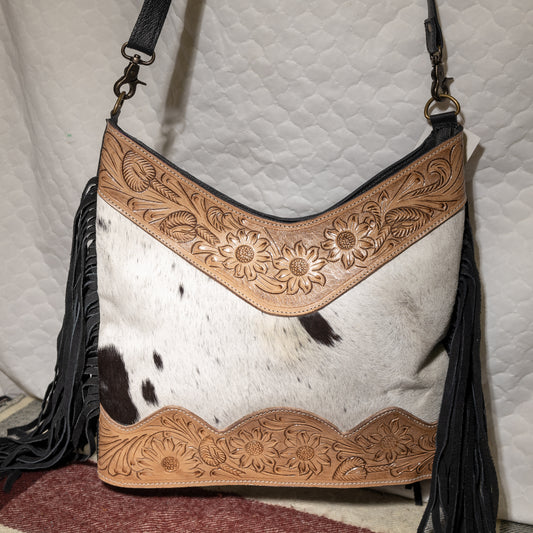 #94 CROSS BODY LEATHER BACK / COWHIDE FRONT WITH TOOLED LEATHER TOP AND BOTTOM