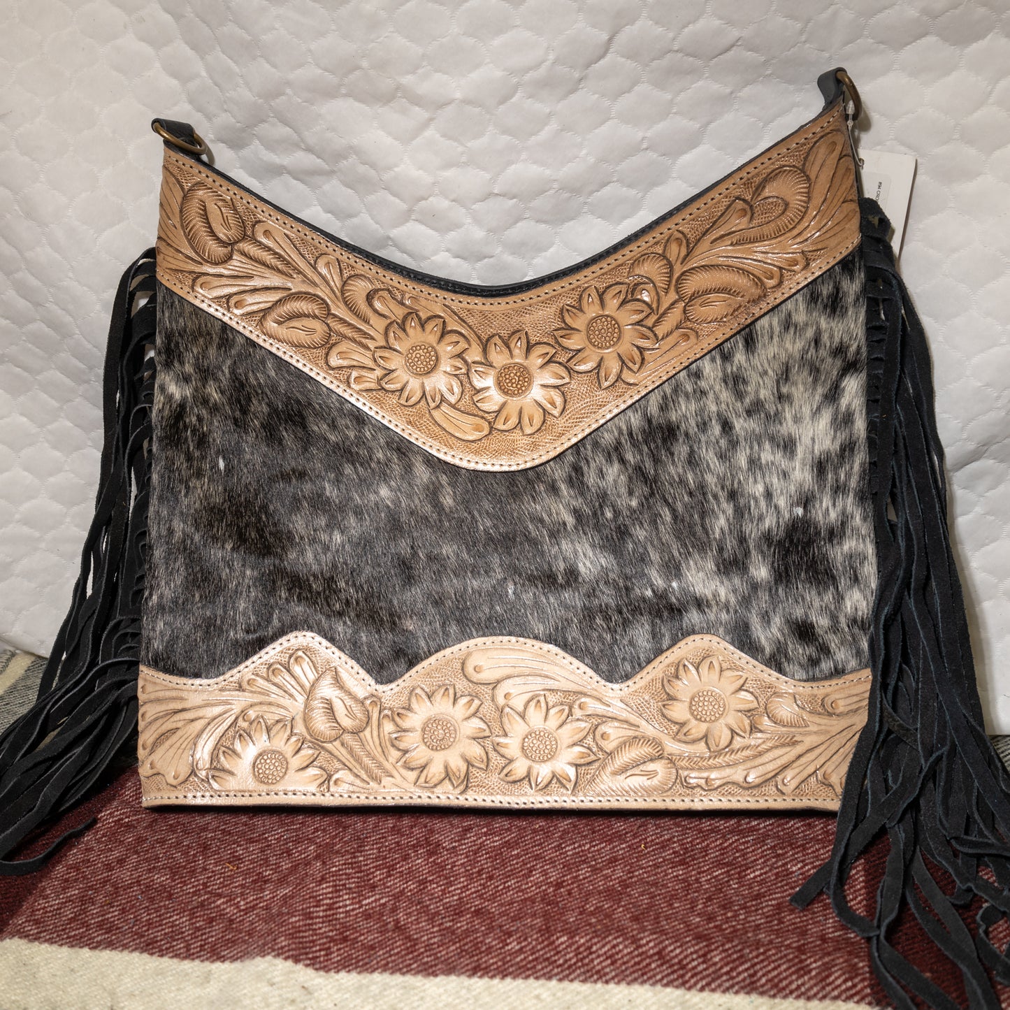 #94 CROSS BODY LEATHER BACK / COWHIDE FRONT WITH TOOLED LEATHER TOP AND BOTTOM