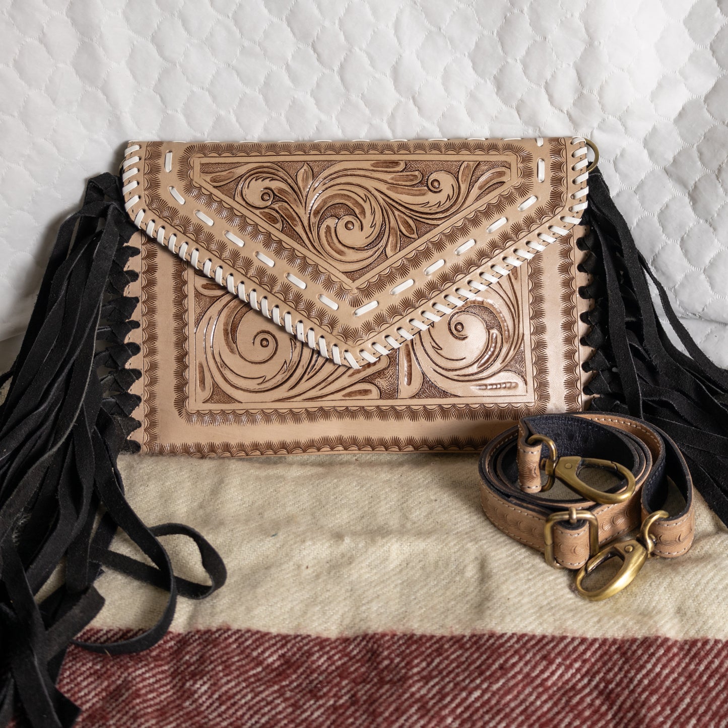 #114 CROSSBODY TOOLED LEATHER W/ FRINGED SIDES