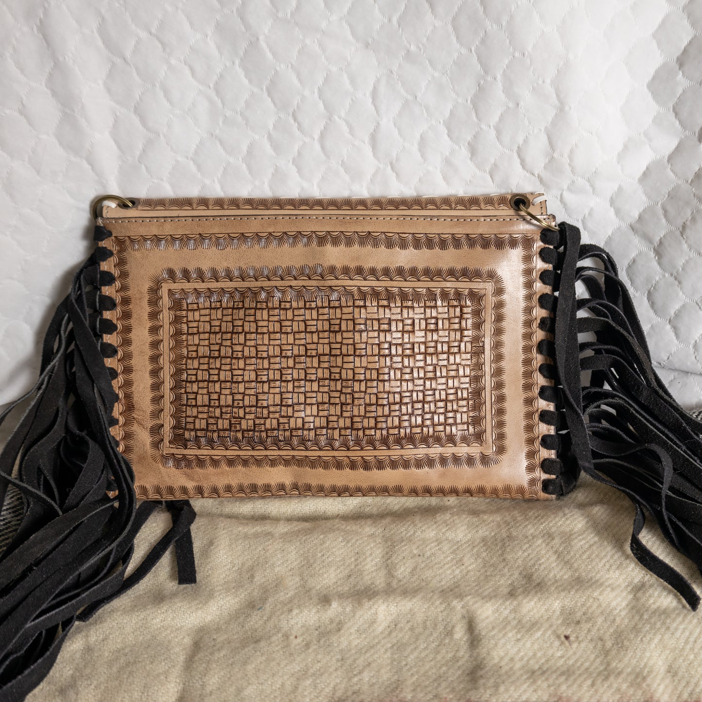 #114 CROSSBODY TOOLED LEATHER W/ FRINGED SIDES