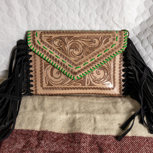 #114 CROSSBODY TOOLED LEATHER W/ FRINGED SIDES