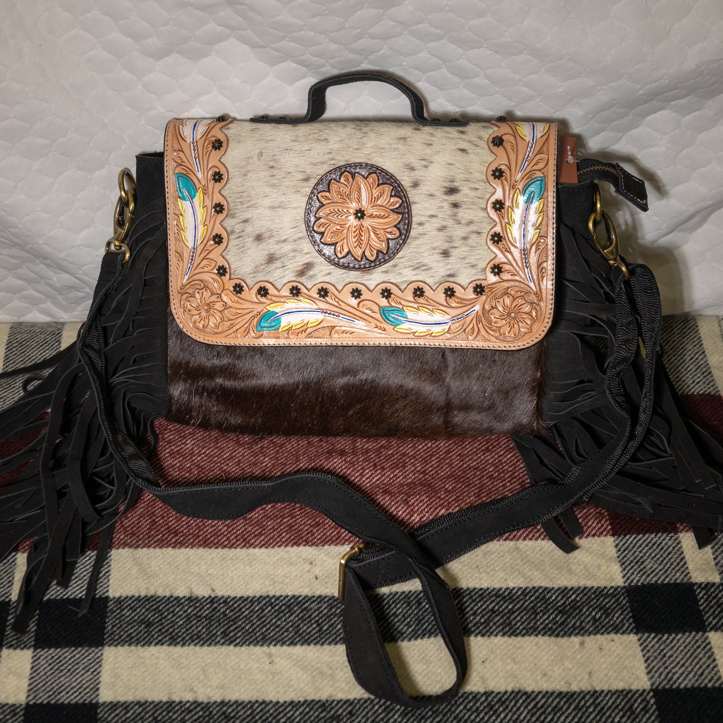 #153 PURSE OR CROSS BODY/ TOOLED FLAP/ W/ RIVETS/ COW HIDE BODY /SUEDE BACK