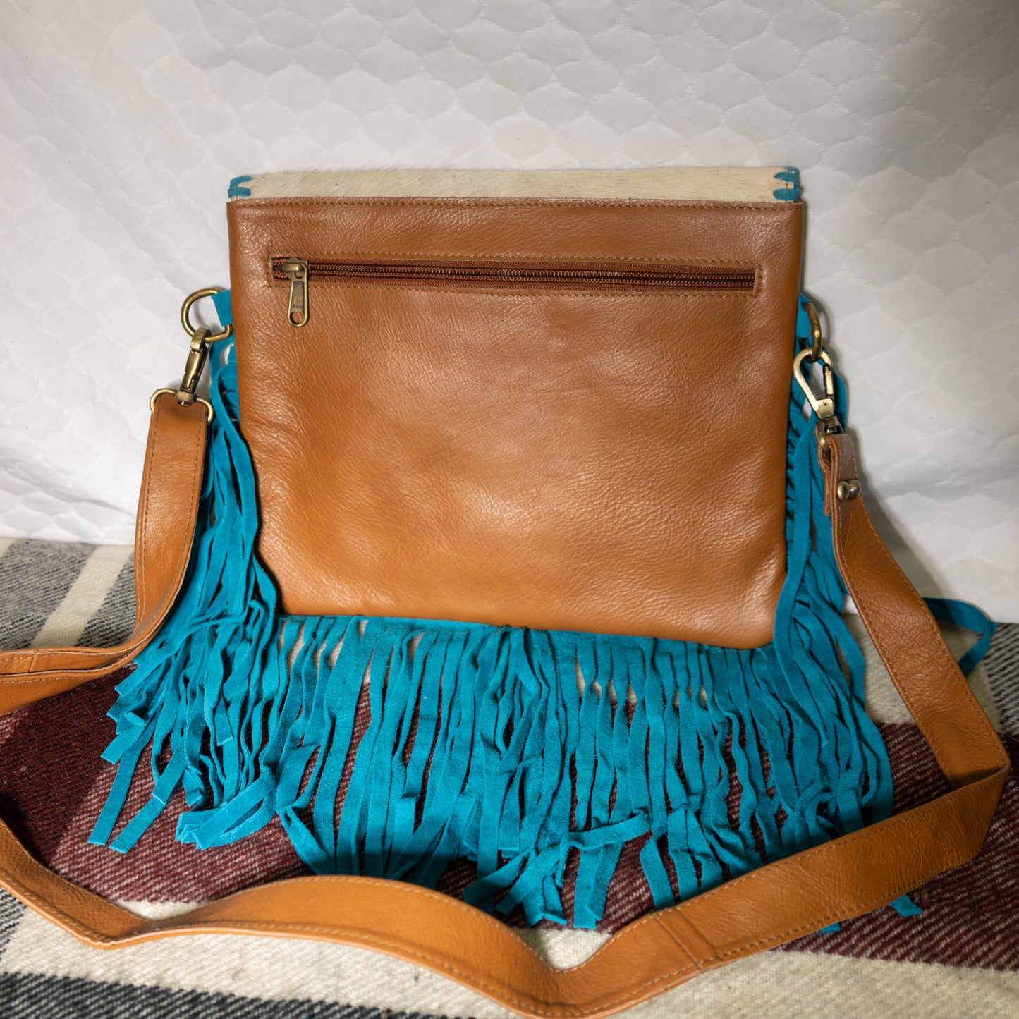 #154 CROSS BODY/ FLAP/TASSELS/ LEATHER BACK