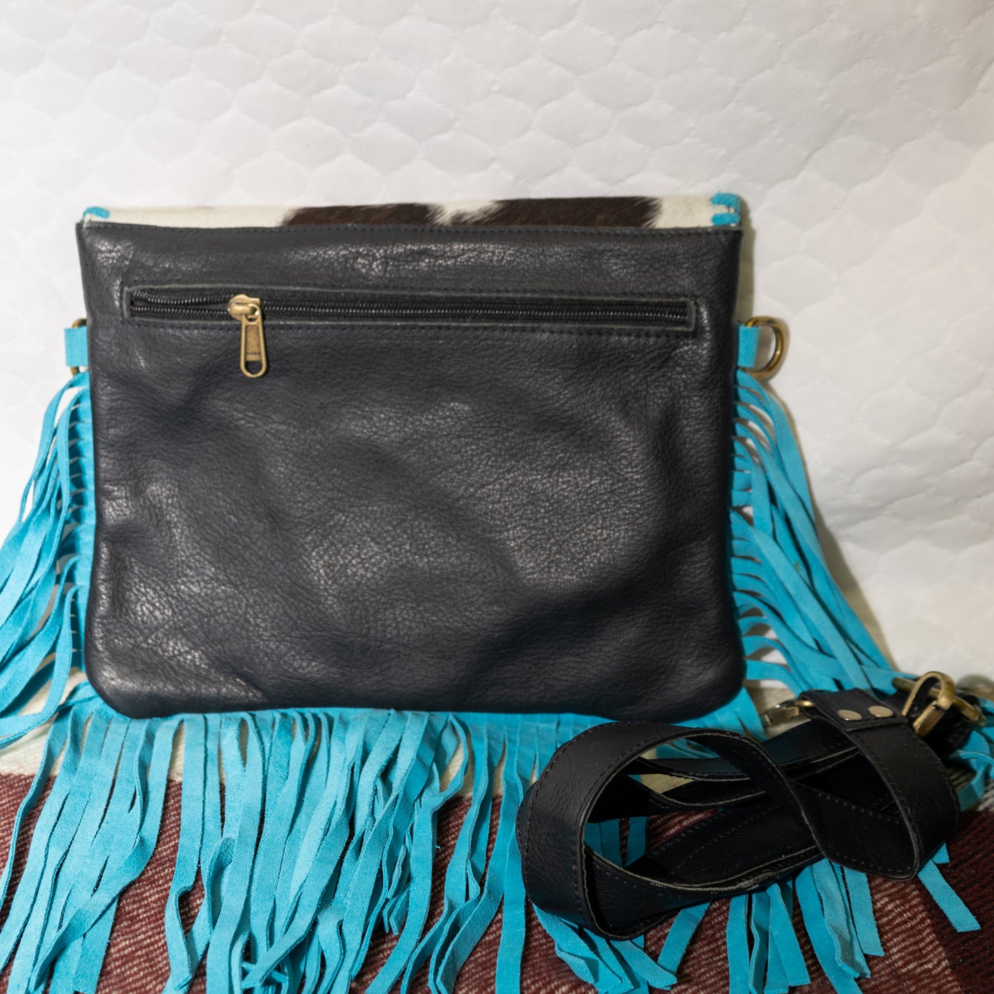 #154 CROSS BODY/ FLAP/TASSELS/ LEATHER BACK