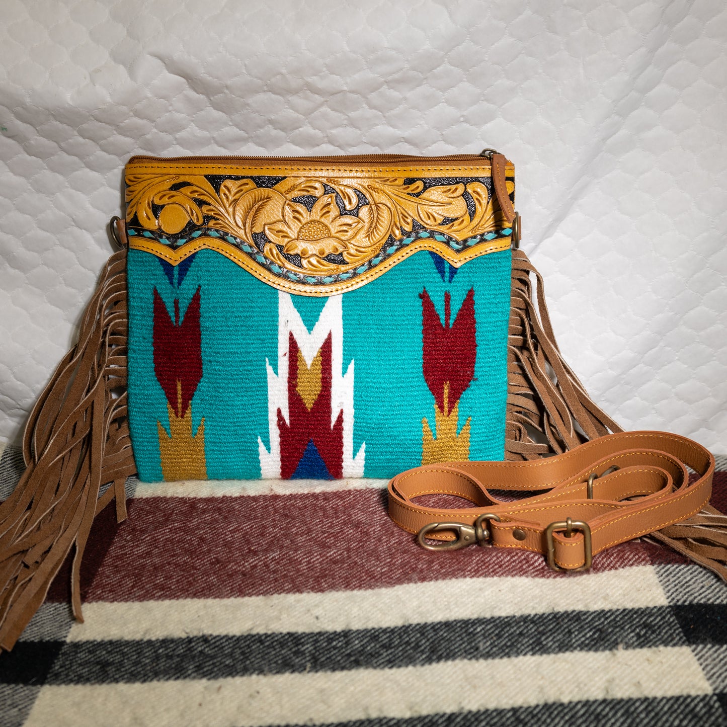 #162 CROSS BODY/ FRINGE/ TOOLED LEATHER TOP/ FABRIC FRONT AND BACK