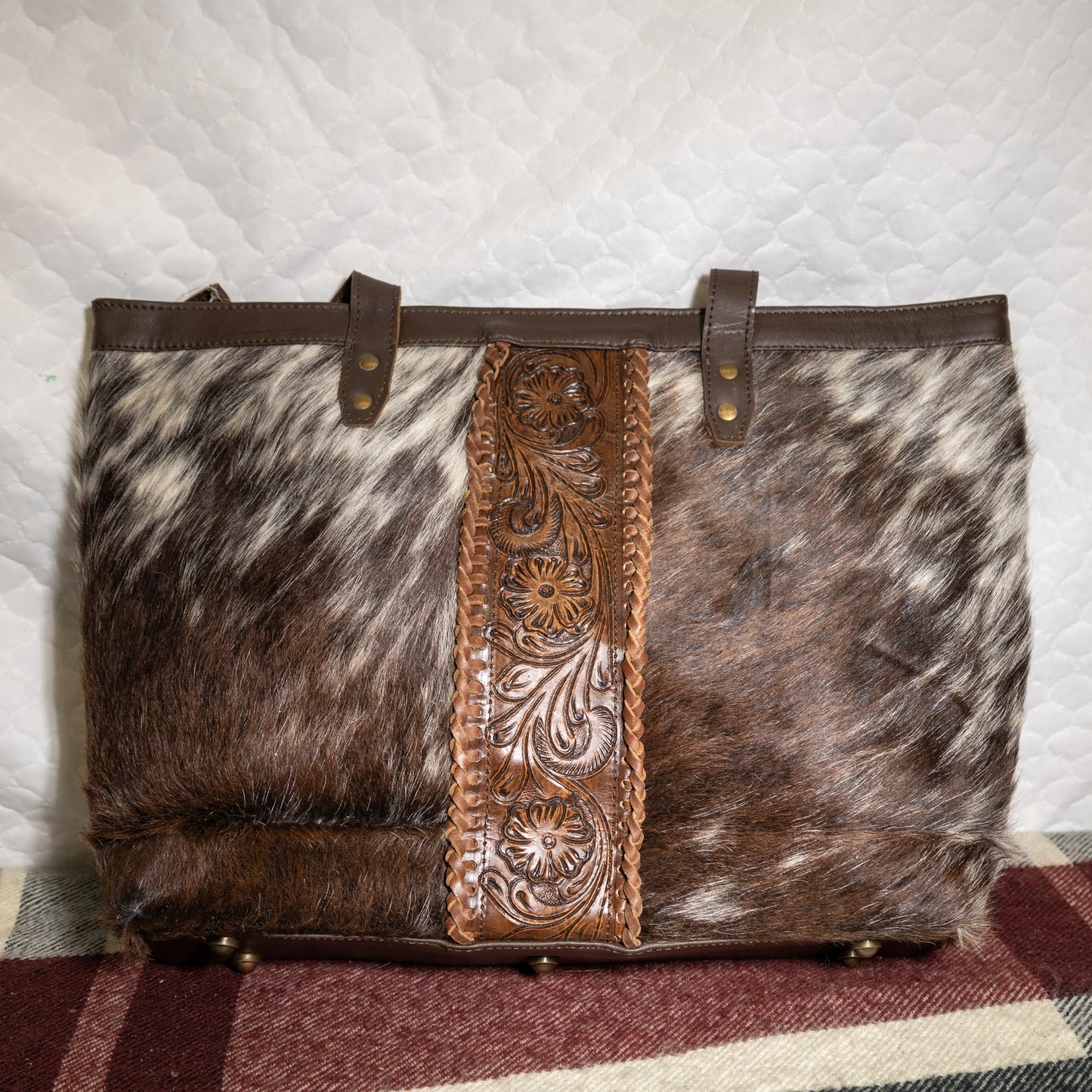 #166 LARGE COWHIDE TOTE/ TOOLED LEATHER BAND ON FRONT