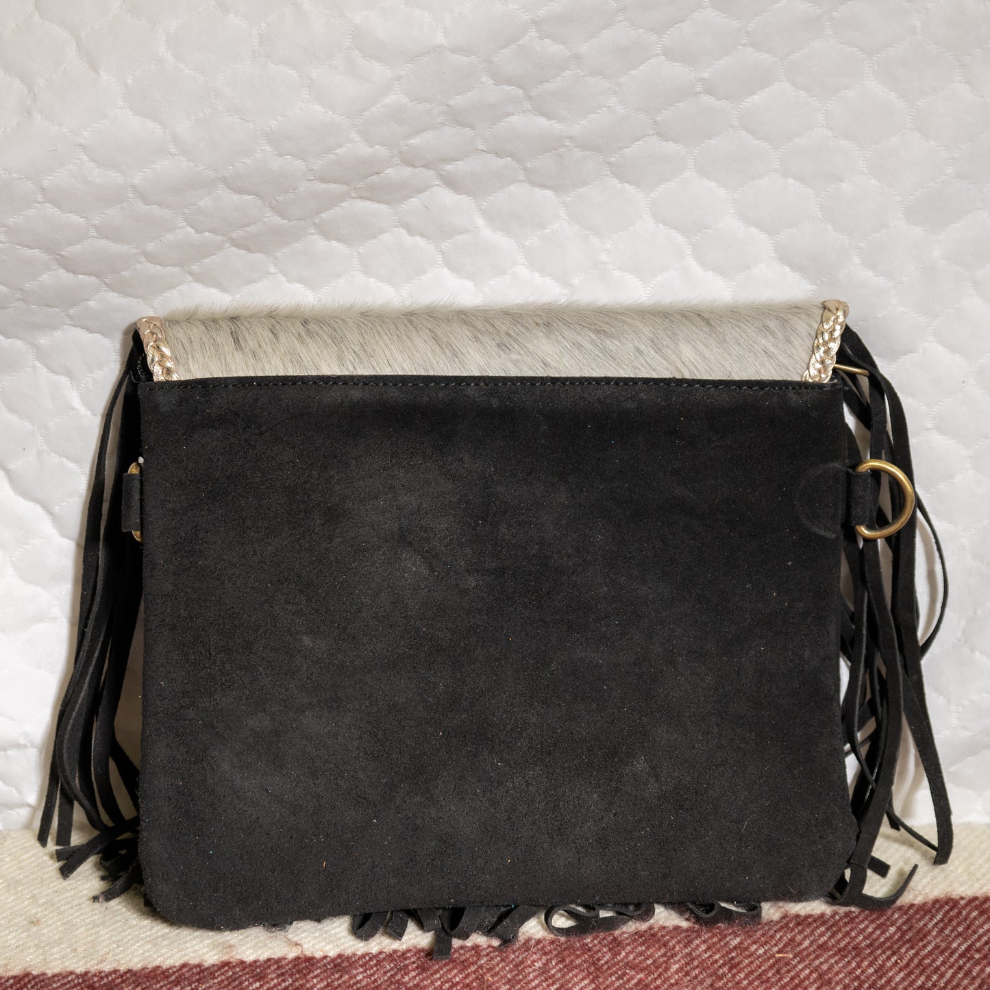 #188 COWHIDE CROSS BODY / V FLAP FRINGED/ LACED  FLAP EDGE