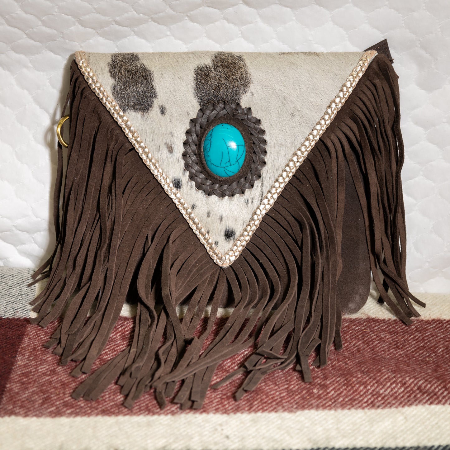 #188 COWHIDE CROSS BODY / V FLAP FRINGED/ LACED  FLAP EDGE