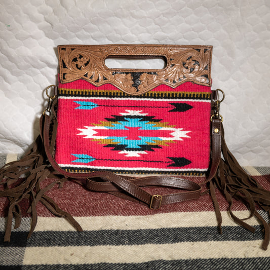 #191 CROSS BODY TOOLED TOP HANDLE WITH FRINGE/ FABRIC PATTEREND FRONT / LEATHER BACK