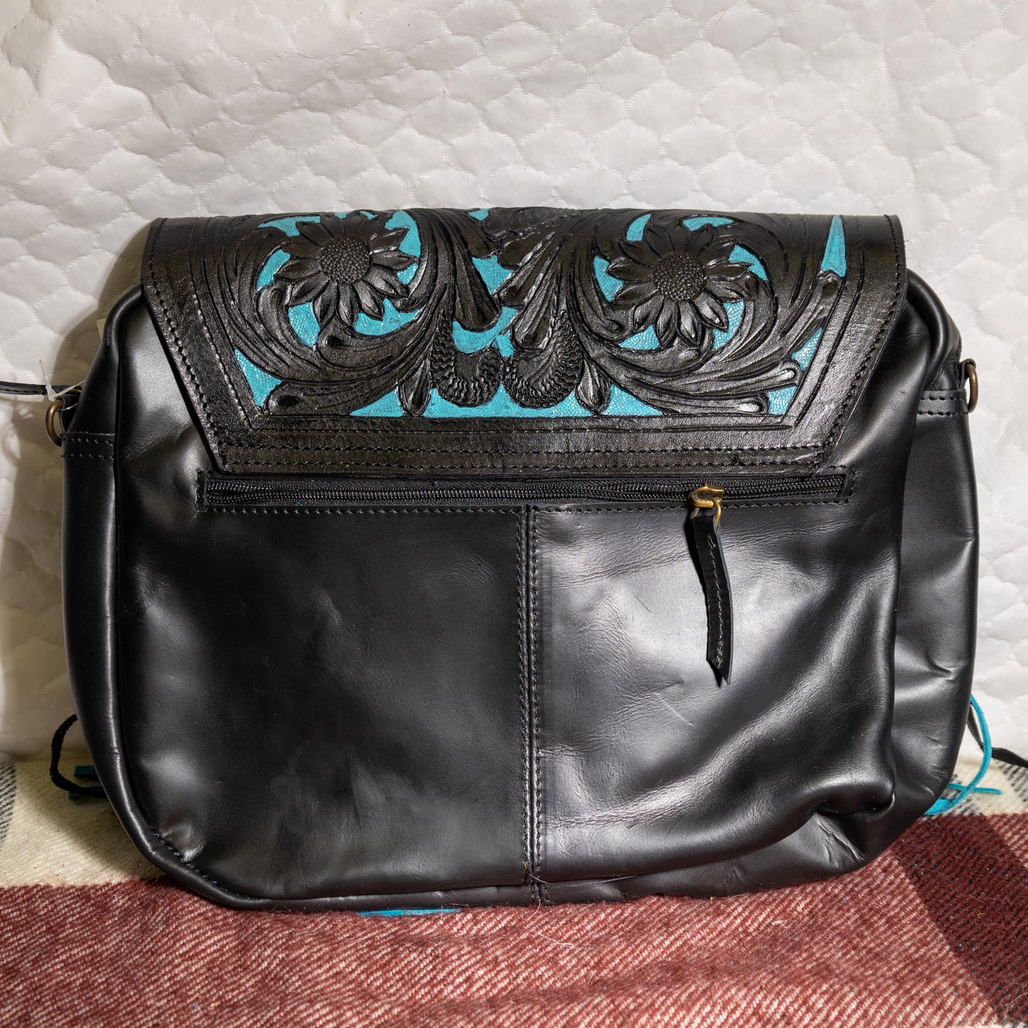 #199 CROSS BODY CLOTH PATTERN FRONT /LEATHER BACK TOOLED TEAL FLAP/ LEATHER BACK