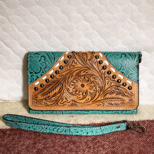 #200 WRISTLET WALLET TEAL LEATHER/W TOOLED SUNFLOWER BRASS BUTTONS /LACED EDGING