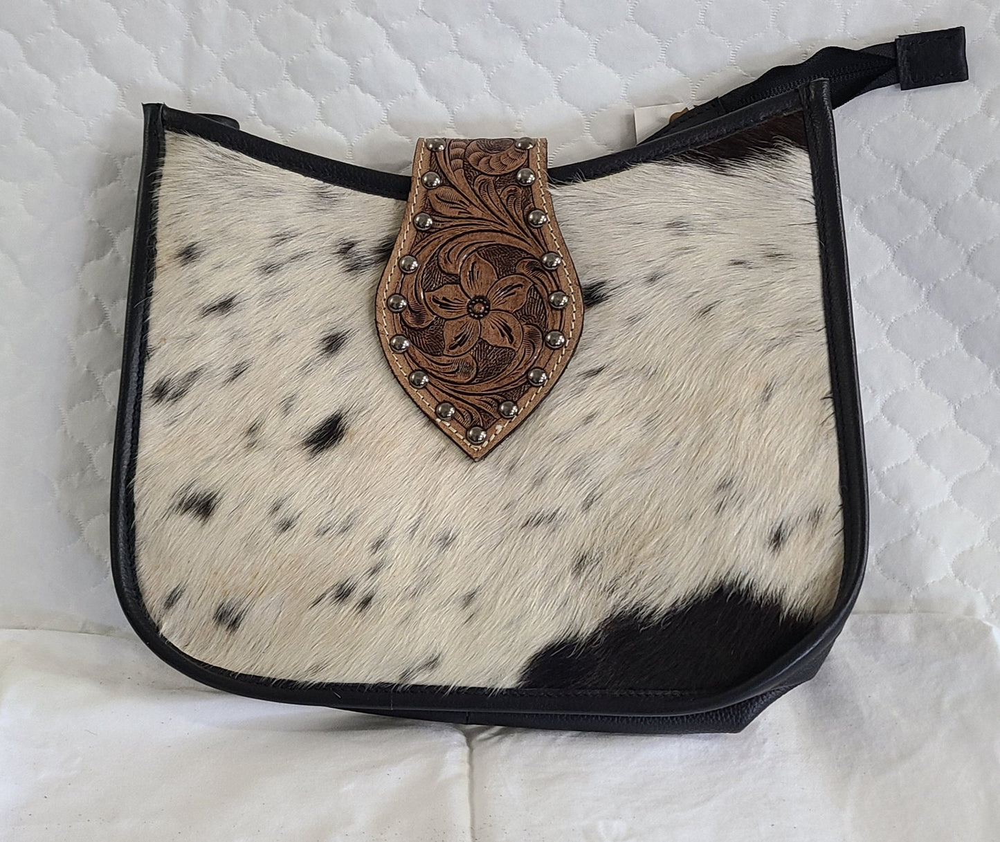 #85 CROSS BODY COWHIDE /TOOLED SHOULDER STRAP/ TOOLED STRAP CLOSURE