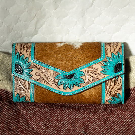 204 LADIES COWHIDE WALLET TOOLED TURQUOISE SUNFLOWERS