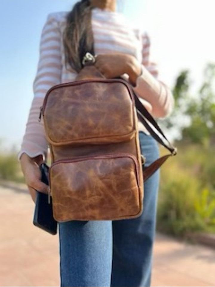 #214 BACKPACK ALL LEATHER/ DOUBLE ZIPPERED POUCHES