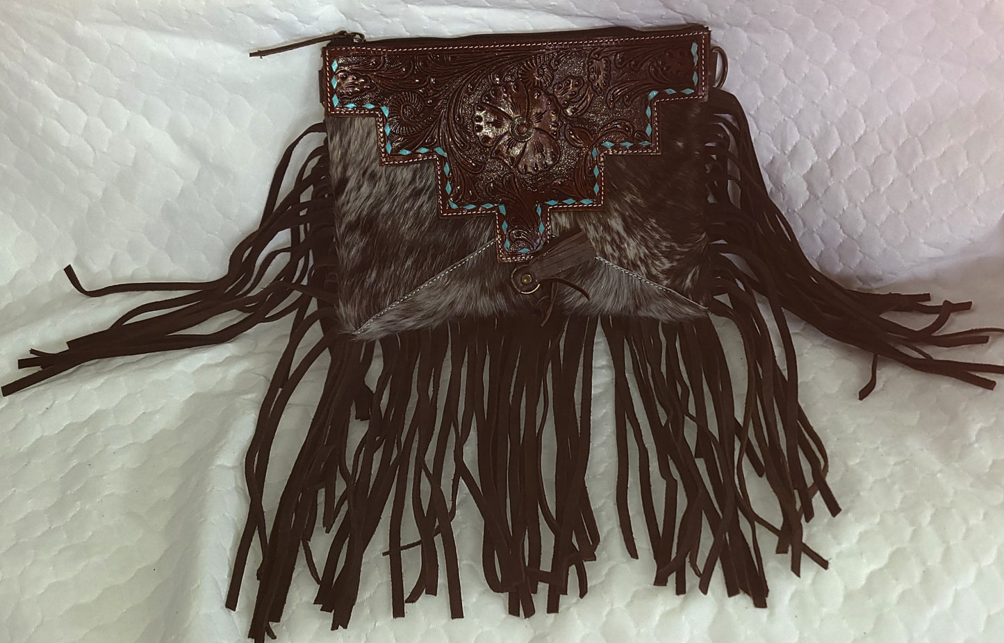 #218 CROSSBODY TEAL BLUE TOOLED FLORAL TOP/ FRINGES