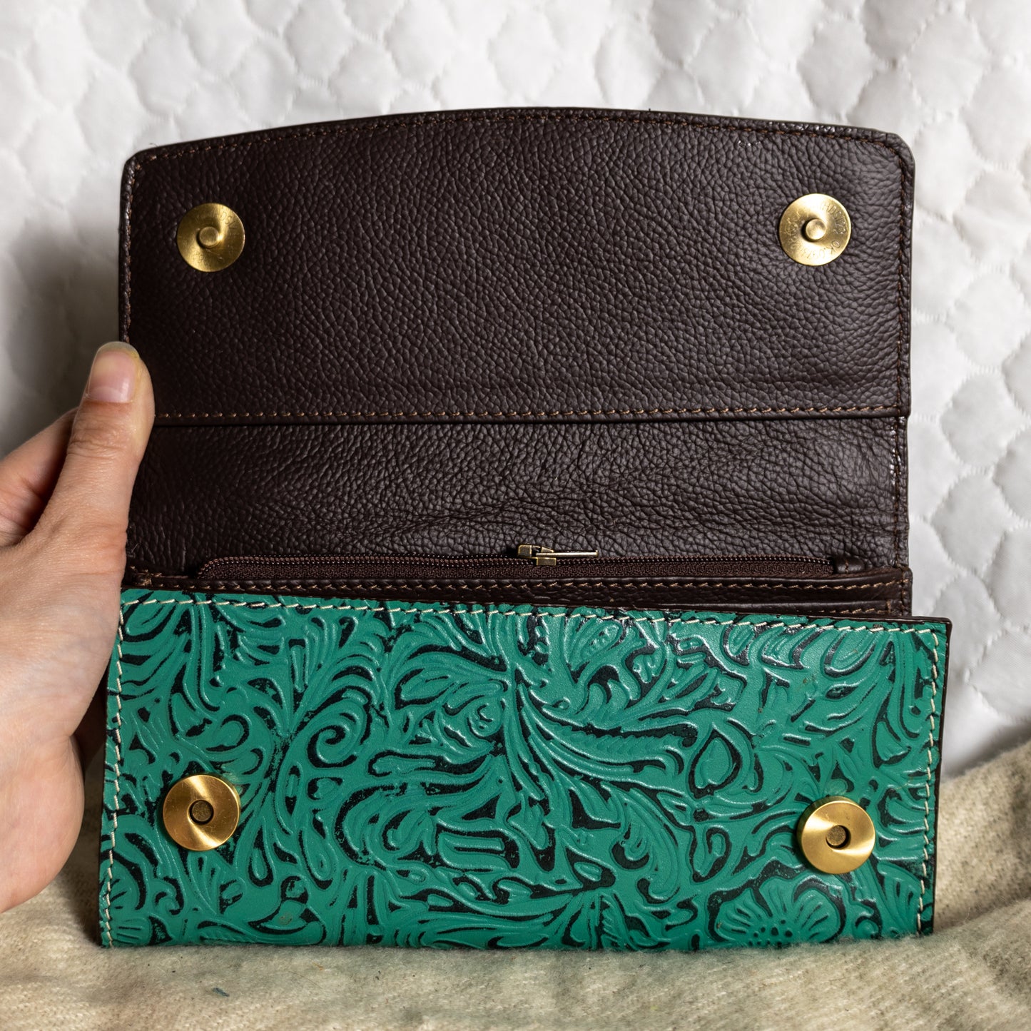 # 226 TEAL WALLET/ LACING/ FLORAL DESIGN ON FRONT