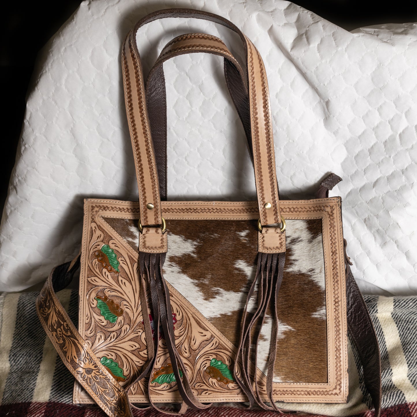 #233 PURSE W/ HANDLES AND SHOULDER STRAP/ TOOLED LEATHER AND COWHIDE FRONT