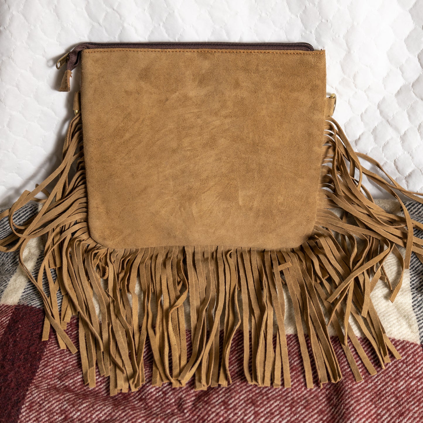 #239 CROSSBODY SUEDE BODY/STONE W/LACED ACROSS FRONT AND FRINGES