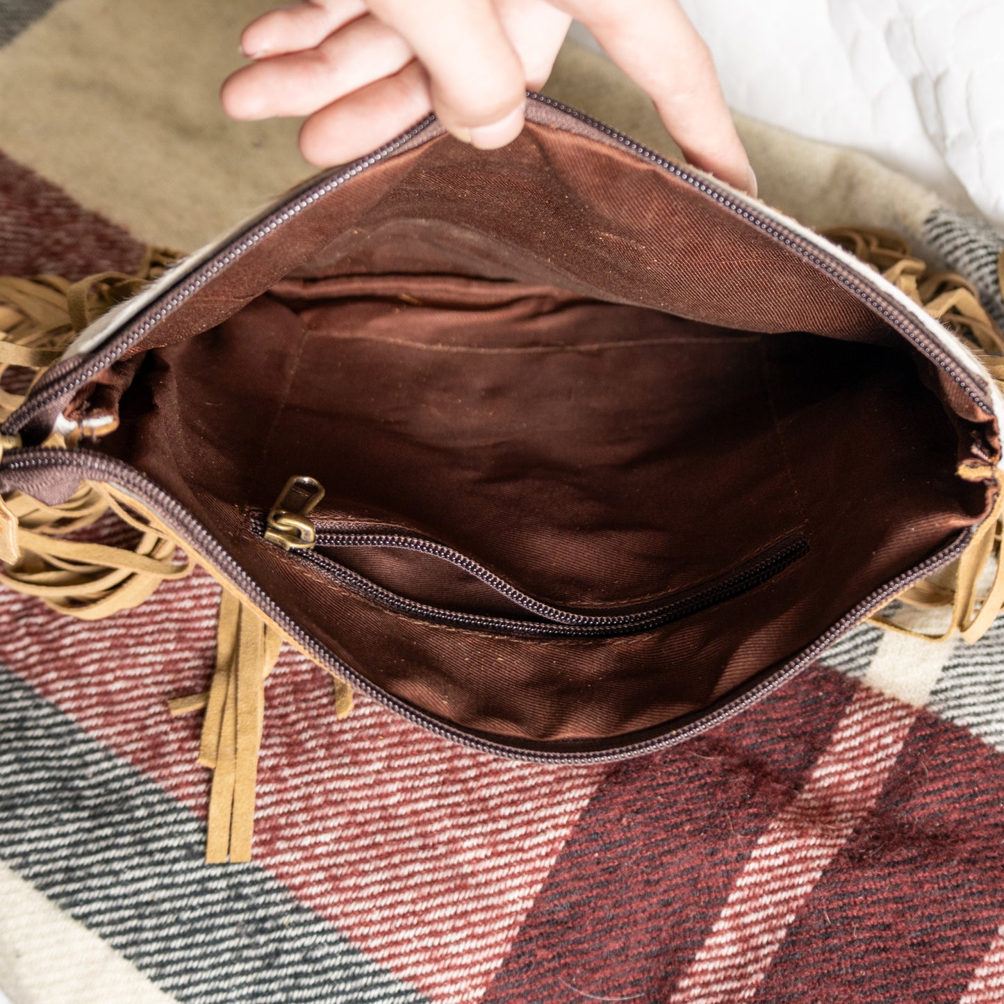 #239 CROSSBODY SUEDE BODY/STONE W/LACED ACROSS FRONT AND FRINGES