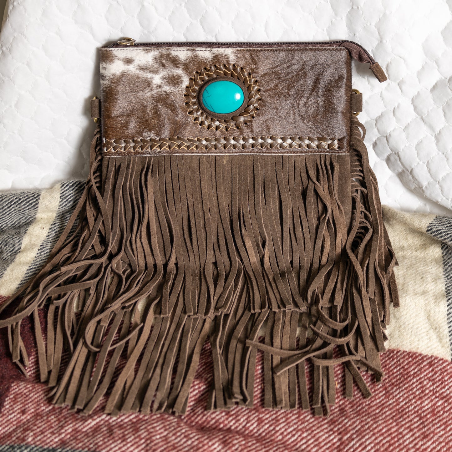 #239 CROSSBODY SUEDE BODY/STONE W/LACED ACROSS FRONT AND FRINGES