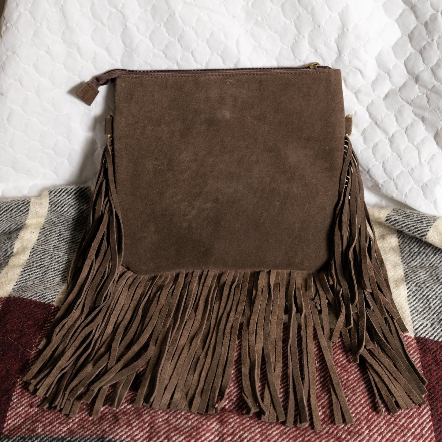 #239 CROSSBODY SUEDE BODY/STONE W/LACED ACROSS FRONT AND FRINGES