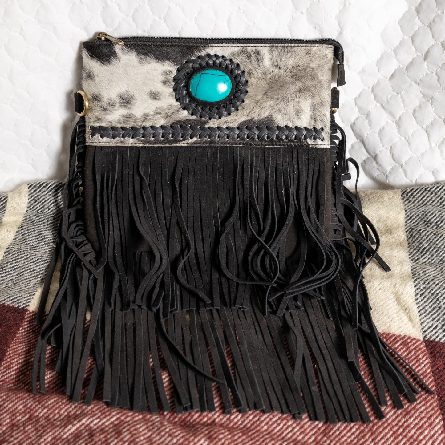 #239 CROSSBODY SUEDE BODY/STONE W/LACED ACROSS FRONT AND FRINGES