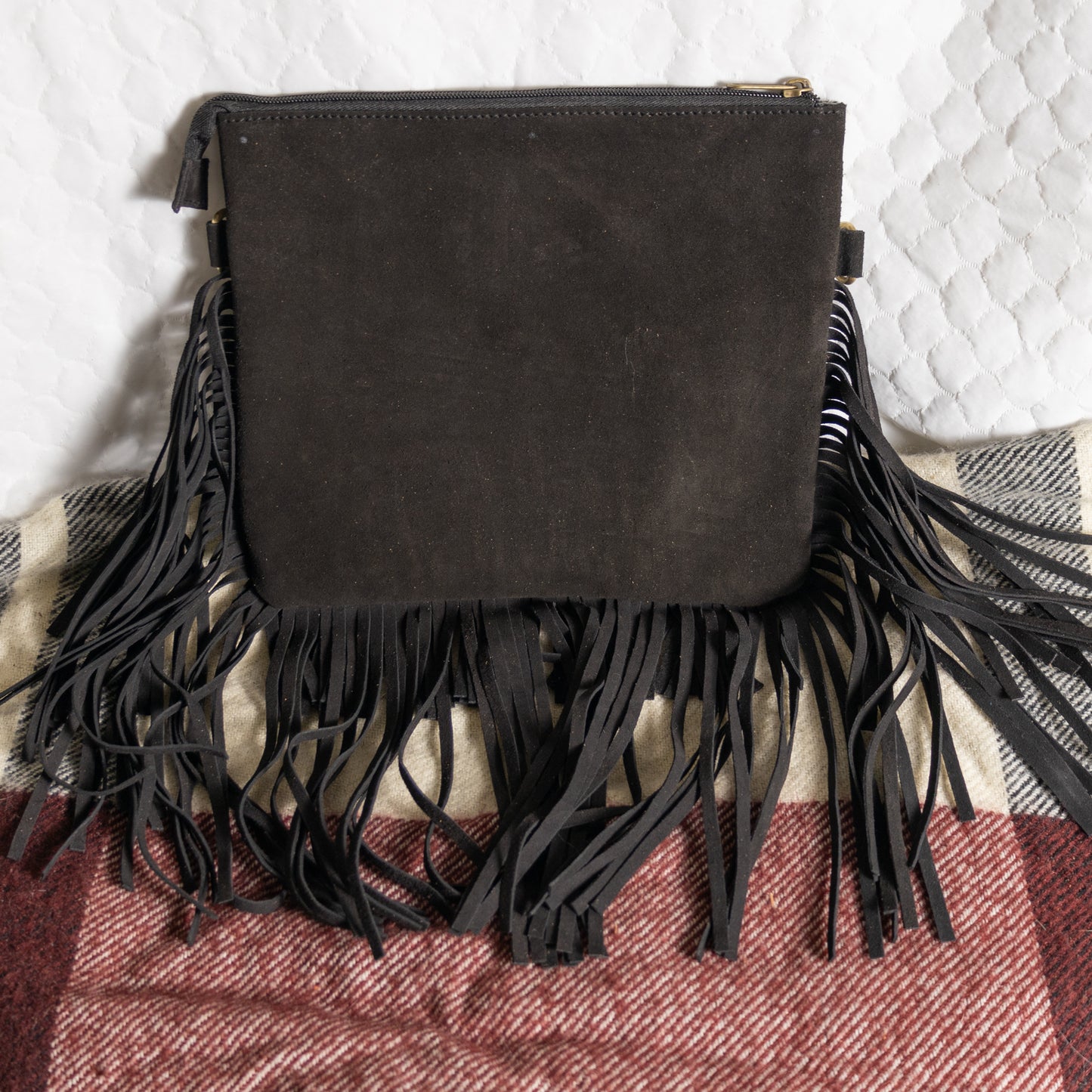 #239 CROSSBODY SUEDE BODY/STONE W/LACED ACROSS FRONT AND FRINGES