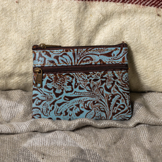 #247 CHANGE PURSE/ SMOOTH TOOLED LEATHER/ ZIPPERED POUCH ON BACK