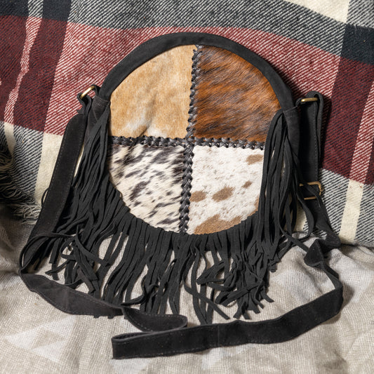 #250 ROUND CANTEEN CROSSBODY/ PATCH WORK FRONT/ SUEDE BACK/ FRINGE