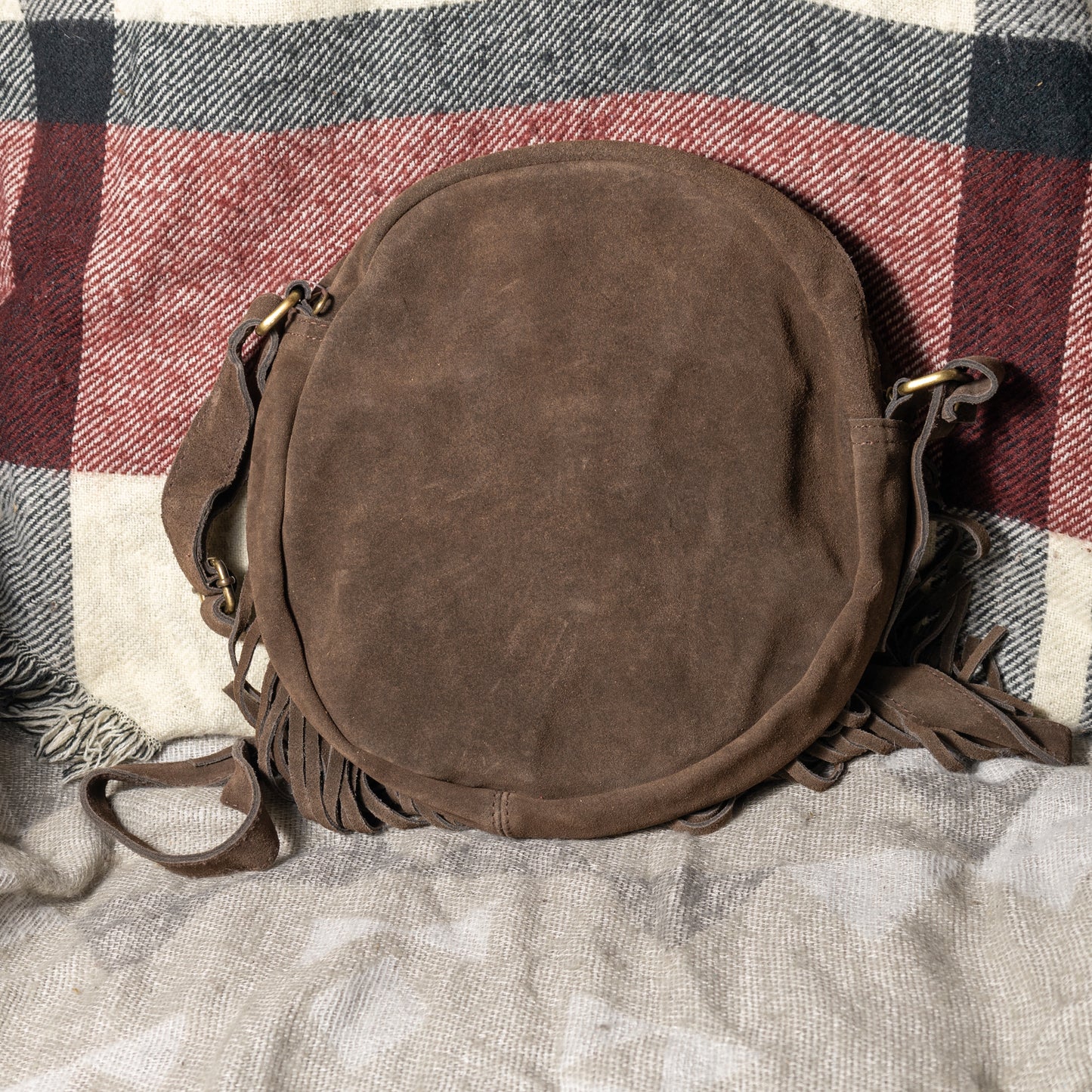 #250 ROUND CANTEEN CROSSBODY/ PATCH WORK FRONT/ SUEDE BACK/ FRINGE