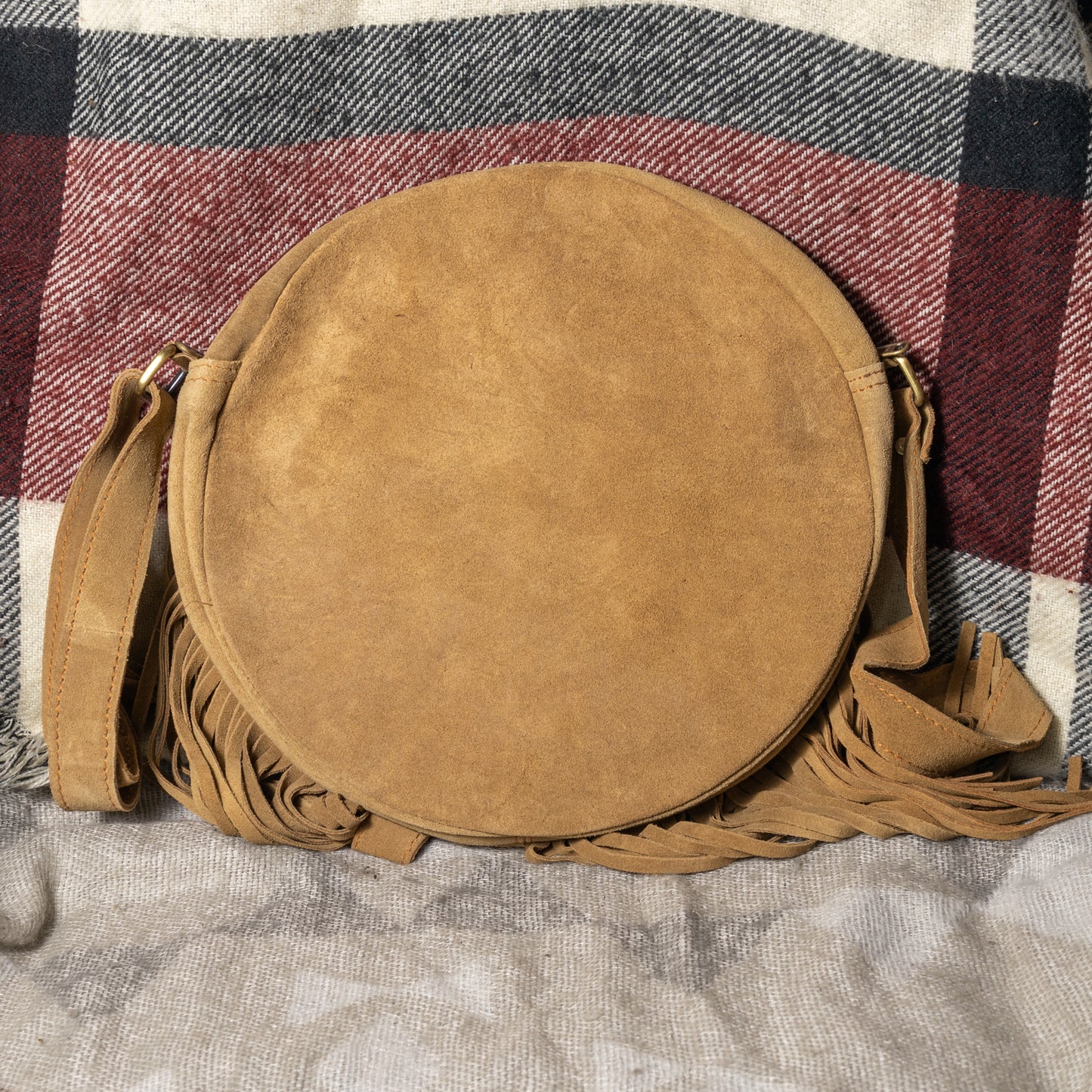 #250 ROUND CANTEEN CROSSBODY/ PATCH WORK FRONT/ SUEDE BACK/ FRINGE